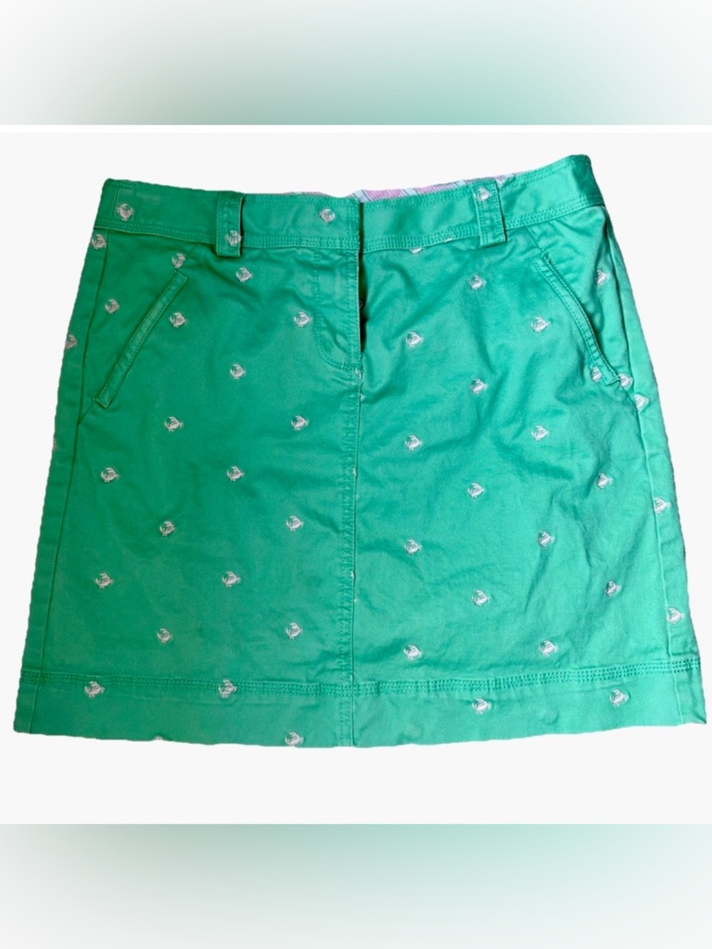 L.L. Bean Green Mini Skirt with Pink Embroidered Crabs Size 8 Preppy